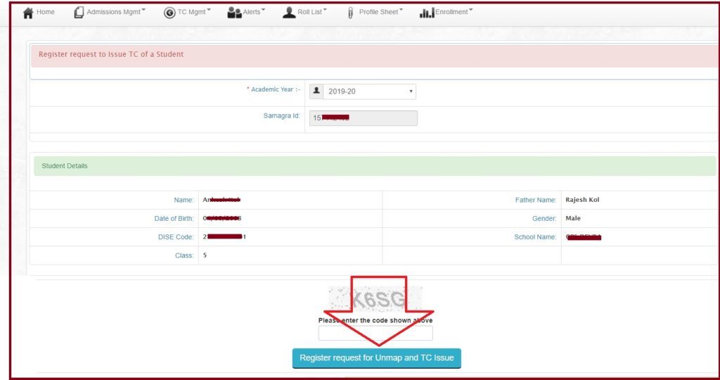 TC Request on Madhya Pradesh Shiksha Portal)