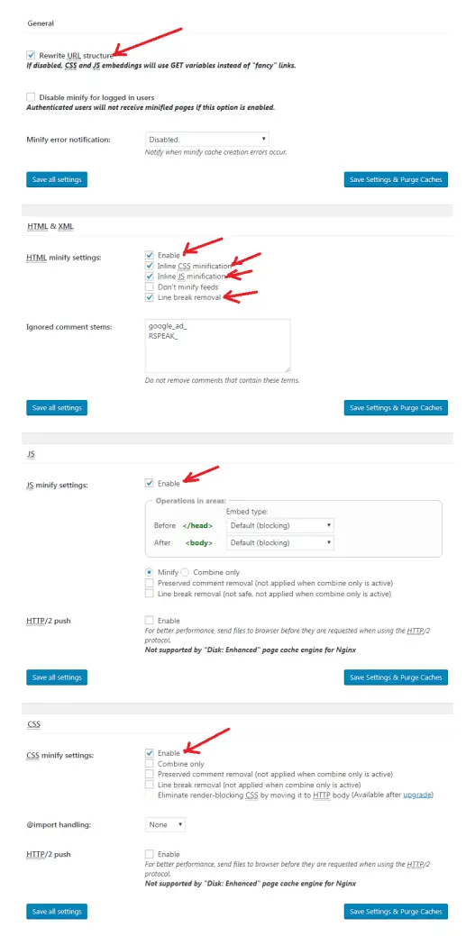 Minify W3 Total Cache Settings.png