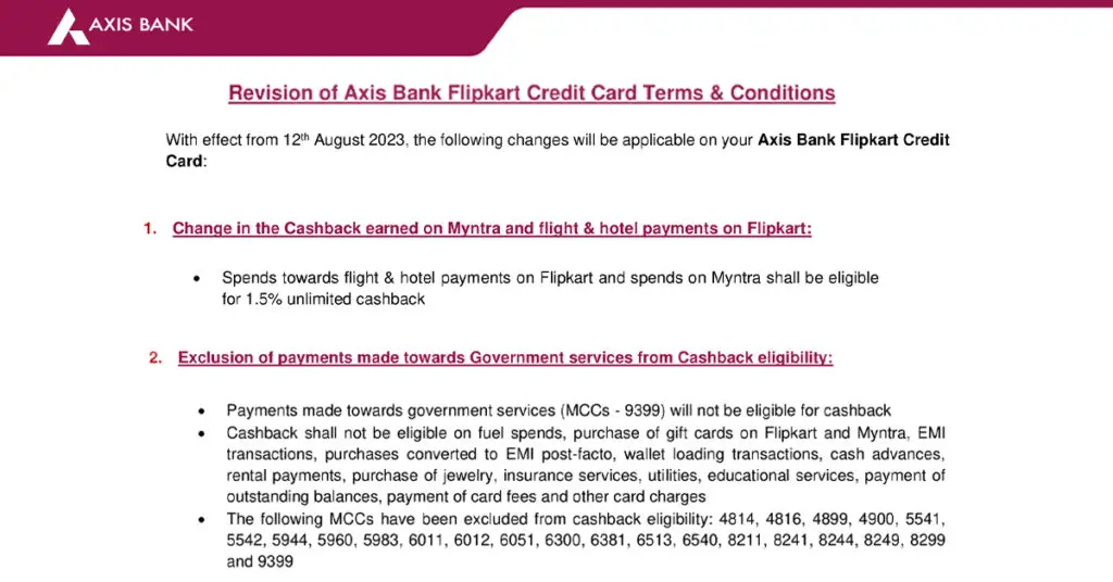 Axis Bank Flipkart Credit Card Revised Terms