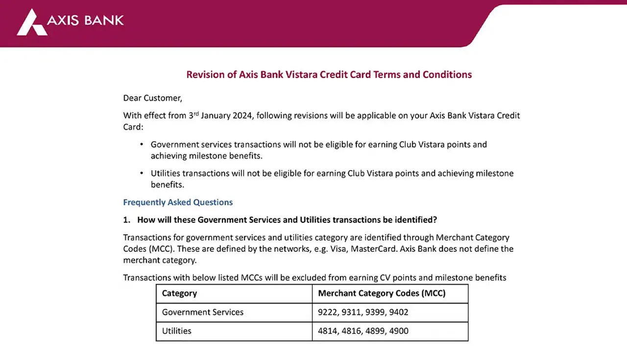 Axis Bank's Modification to Vistara Credit Cards